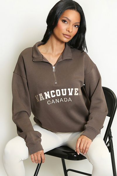 Chocolate Vancouver Slogan Zip Sweatshirt