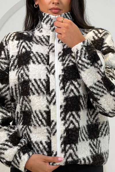 Tessa Full Zip Dogtooth Print Fleece In Black
