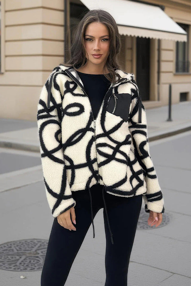 Cream And Black Swirl Pocket Detail Hooded Teddy Jacket