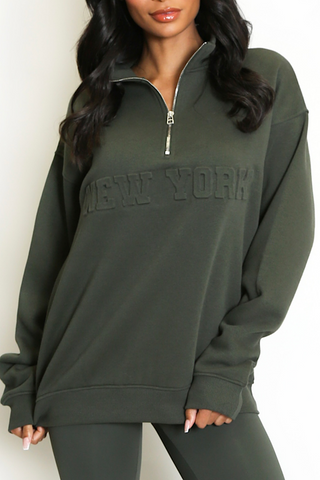 Khaki NEW YORK Zip Slogan Sweatshirt