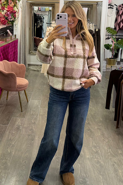 Tessa 1/4 Zip Check Print Fleece In Pink