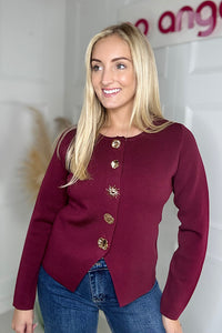 Amelia Gold Ornate Button Cardigan In Burgundy