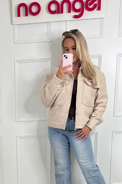 Cream Teddy Jacket With Oversized Pockets
