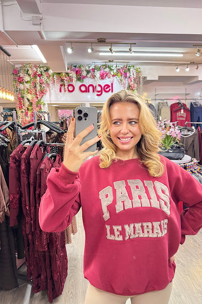 PARIS Slogan Oversized Fleece Lined Sweatshirt In Red Wine