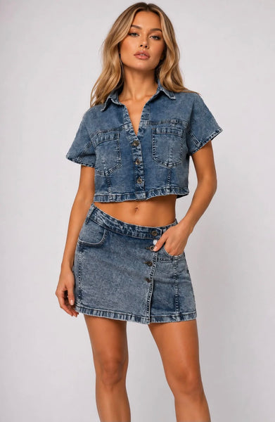 Denim Collar Cropped Button Up Shirt