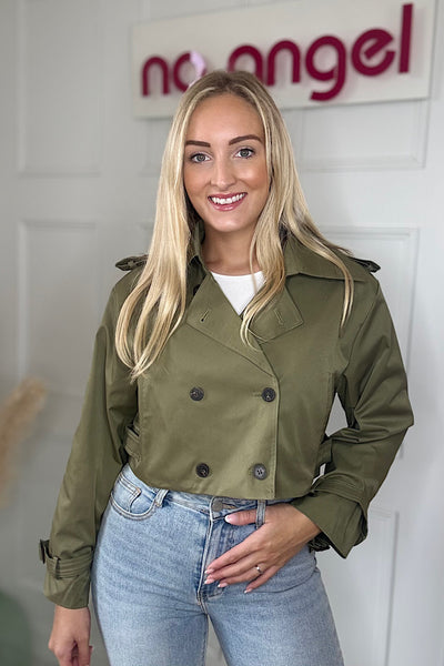 Khaki Green Cropped Trench Jacket