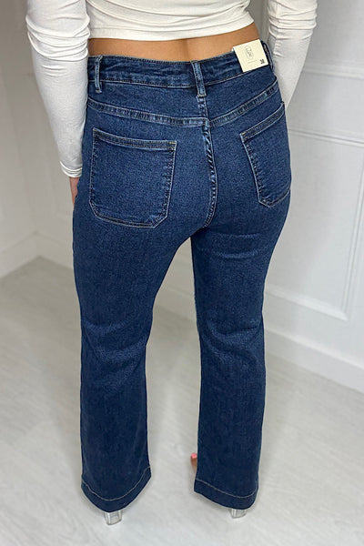 Dark Denim Multi Button Straight Leg Stretch Jeans