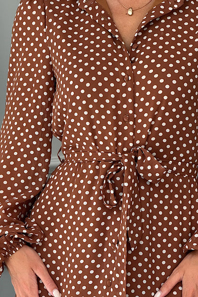 Kaya Brown Spot Print Midi Shirt Dress
