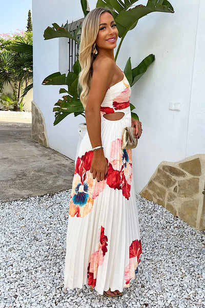 Cream Floral Print One Shoulder Cut Out Pleated Midi Dress