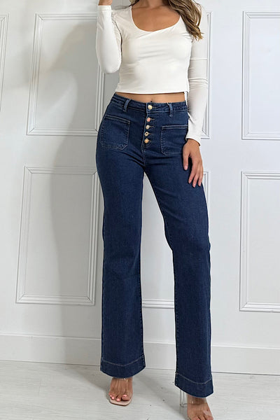 Dark Denim Multi Button Straight Leg Stretch Jeans