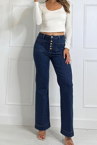 Dark Denim Multi Button Straight Leg Stretch Jeans