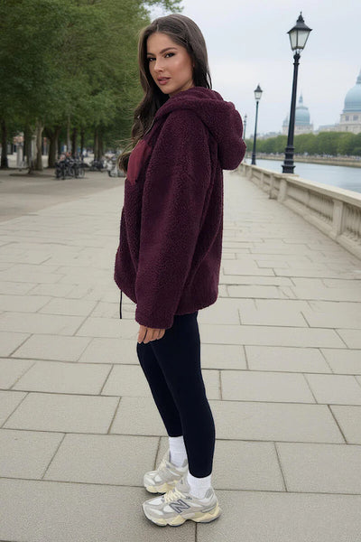 Burgundy Pocket Hooded Teddy Jacket