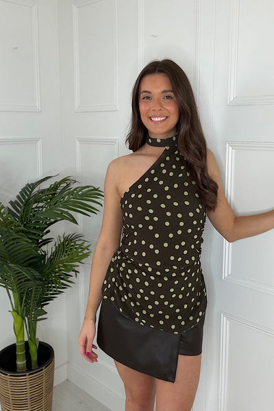 Pippa Polka Dot Halter Neck Top In Khaki