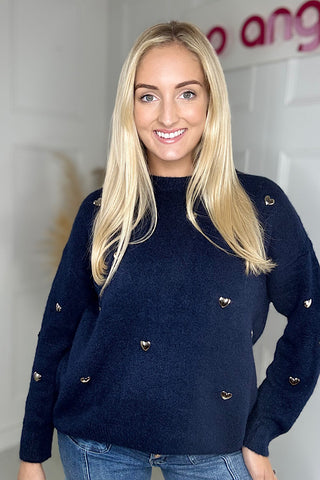 Navy Blue Silver Heart Detail Jumper