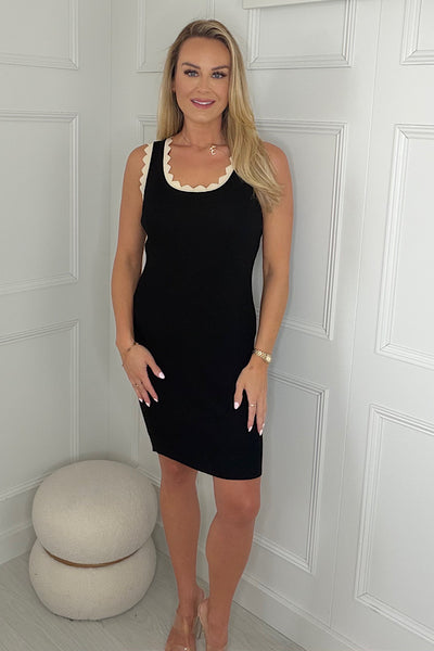 Black Zig Zag Style Knit Dress With Gold Contrast