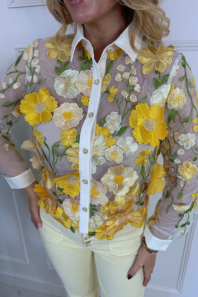 Floral Embroidered Long Sleeved Sheer Blouse In Yellow