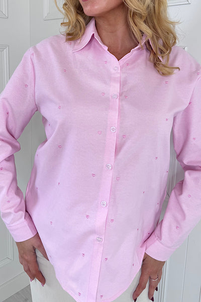 Evie Pastel Pink Shirt With Love Heart Embroidery