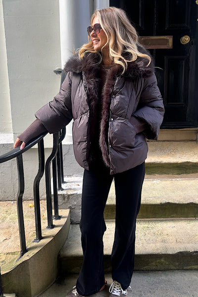Aspen Faux Fur Trim Coat In Chocolate