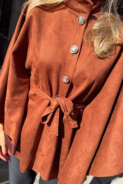 Suedette Military Button Tie Waist Cape In  Burnt Orange