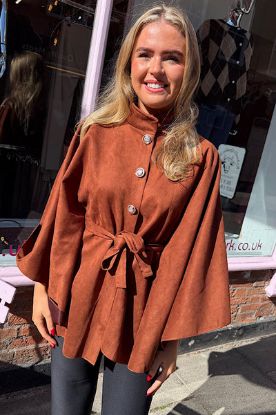 Suedette Military Button Tie Waist Cape In  Burnt Orange
