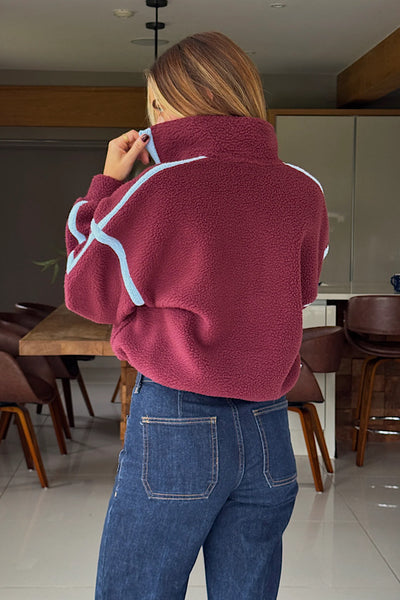 Lulu Contrast 1/4 Zip Fleece In Burgundy
