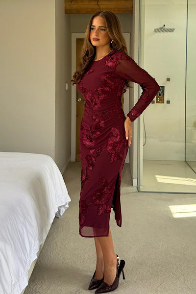 Elodie Floral Embroidered Bodycon Dress In Burgundy