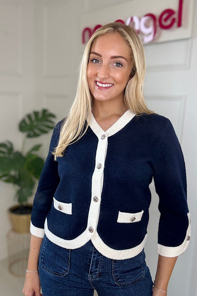 Joanie Contrast Trim Cardigan In Navy