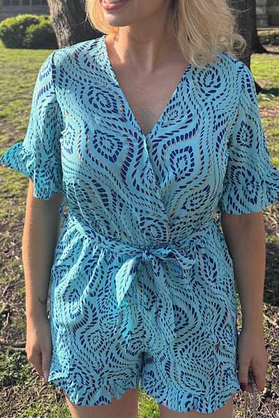 Thea Blue Playsuit With Abstract Swirl Print