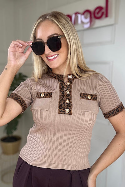 Tan & Leopard Trim Knitted Short Sleeve Top