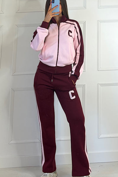 Khloe Two-Tone Varsity Burgundy Co-Ord Set With Pale Pink Contrast