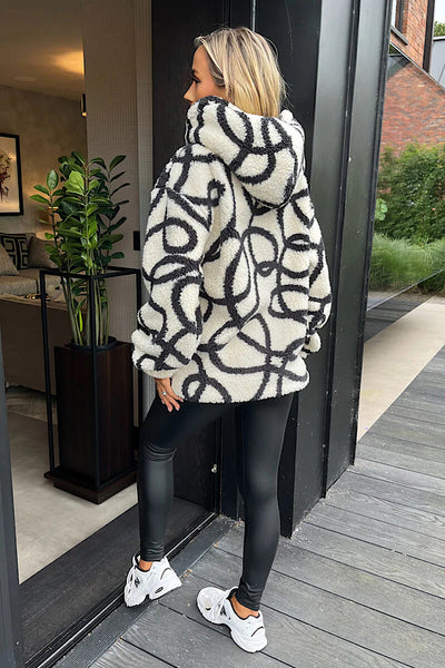 Cream And Black Swirl Pattern Front Pocket Teddy Hoodie