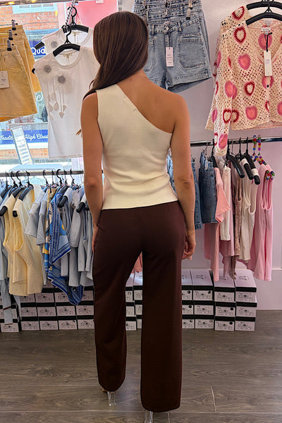 One Shoulder Soft Knit Asymmetric Top With Gold-Tone Statement Buttons In Vanilla