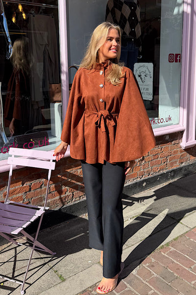 Suedette Military Button Tie Waist Cape In  Burnt Orange