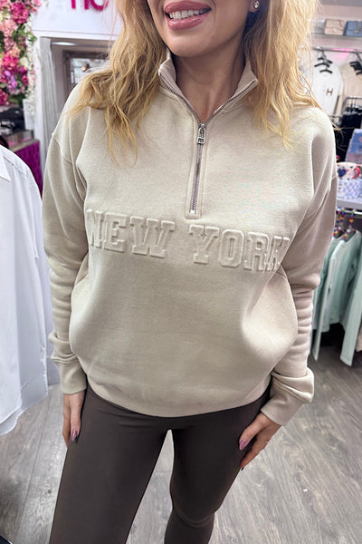 Cream NEW YORK Zip Slogan Sweatshirt