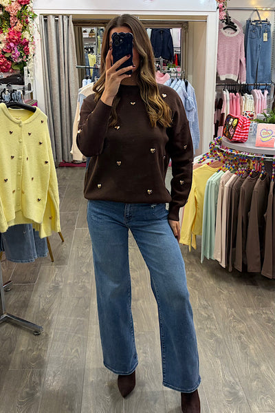 Gold Heart Jumper In Chocolate Brown