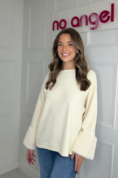 Anna Cream Jumper With Faux Fur Cuffs