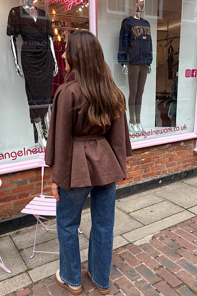 Suedette Military Button Tie Waist Cape In  Chocolate Brown