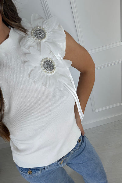 Isla Soft Knit Corsage Embellished Top In White