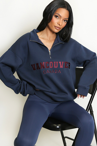 Navy Vancouver Slogan Zip Sweatshirt