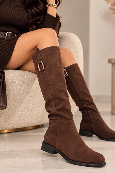 Belle Suedette Knee-High Flat Boots with Buckle Strap Detail In Brown