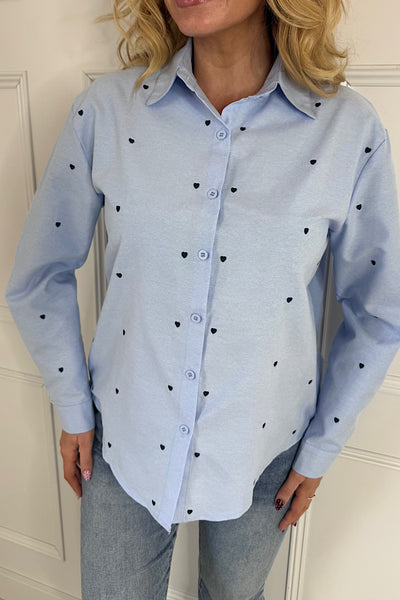 Evie Pastel Blue Shirt With Love Heart Embroidery