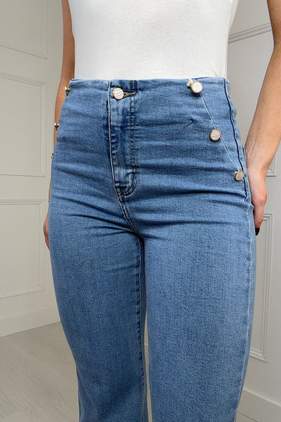 Danni Pearl Pocket Button Jeans In Blue Denim
