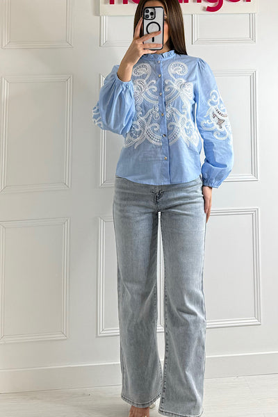 Blue & White Embroidered Blouse