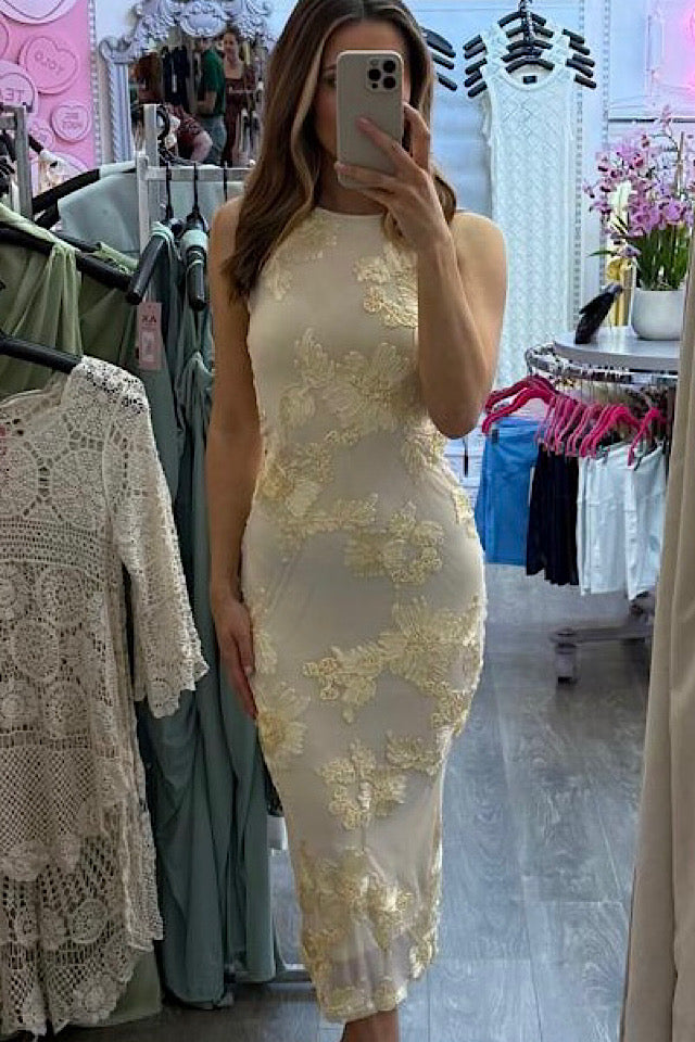 Floral Lace Lined Midi Dress In Buttermilk