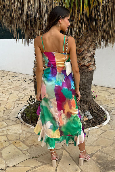 Watercolour Print High Low Frill Hem Midi Dress