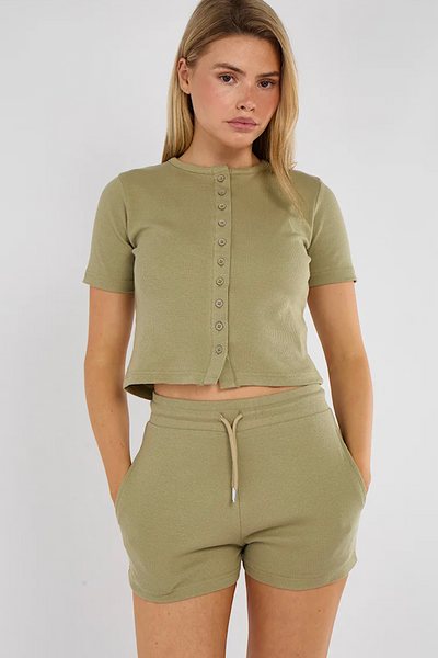 Ribbed Button Up Top & Shorts Co-ord In Sage