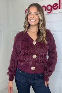 Burgundy Faux Fur Panelled Cardigan