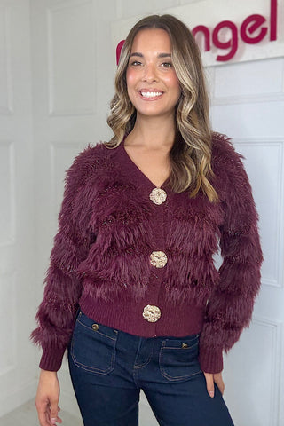Burgundy Faux Fur Panelled Cardigan