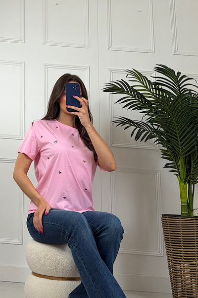 Beth Pastel Pink T-Shirt With Silver Heart Embellishment