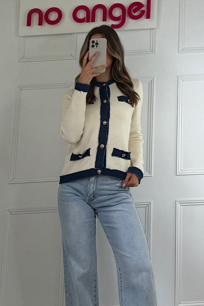 Cream Denim Trim Cardigan